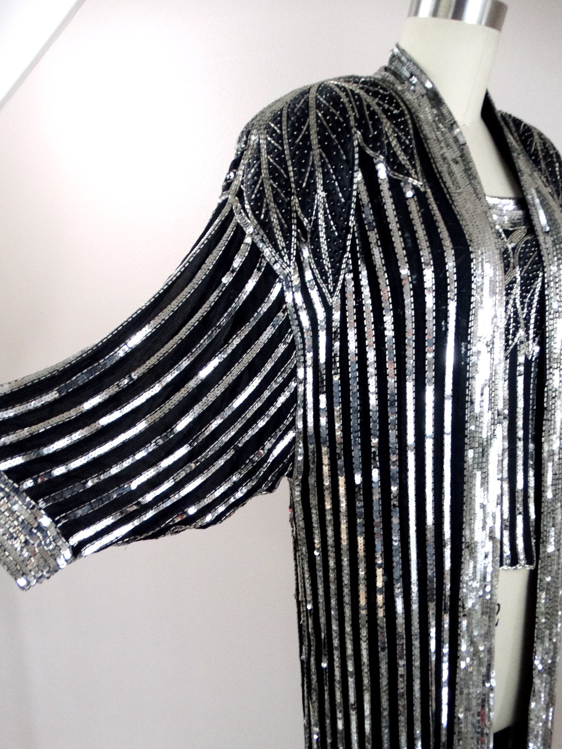 VTG Silk Beaded Sequined Kimono and Top / Black and Silver Etsy UK