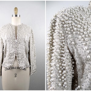 Vintage Pearl Beaded Rhinestone Fitted Jacket w/ Zipper // Heavily White and Silver Beaded Silk Evening Top