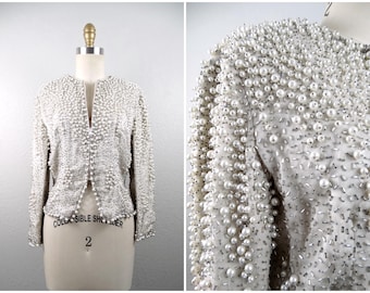 Vintage Pearl Beaded Rhinestone Fitted Jacket w/ Zipper // Heavily White and Silver Beaded Silk Evening Top