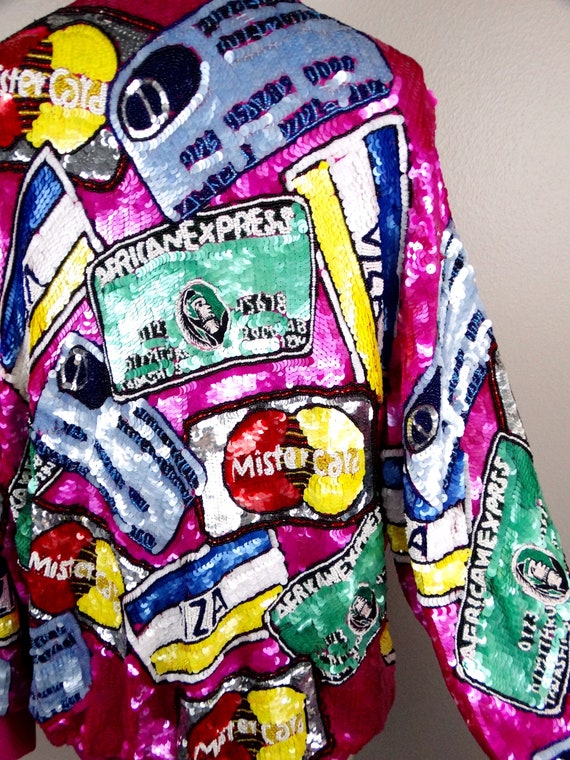 RARE Credit Card Sequin Jacket / Novelty Hot Pink… - image 9