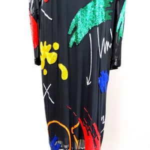90s Abstract Art Beaded Silk Dress // Hand Embellished Cocktail Dress // Vintage Handmade Party Dress image 3