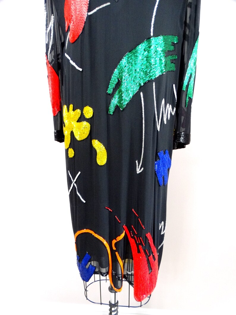 90s Abstract Art Beaded Silk Dress // Hand Embellished Cocktail Dress // Vintage Handmade Party Dress image 3