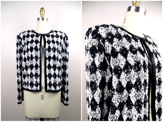 VTG Pearl Beaded Black and White Sequined Jacket … - image 3