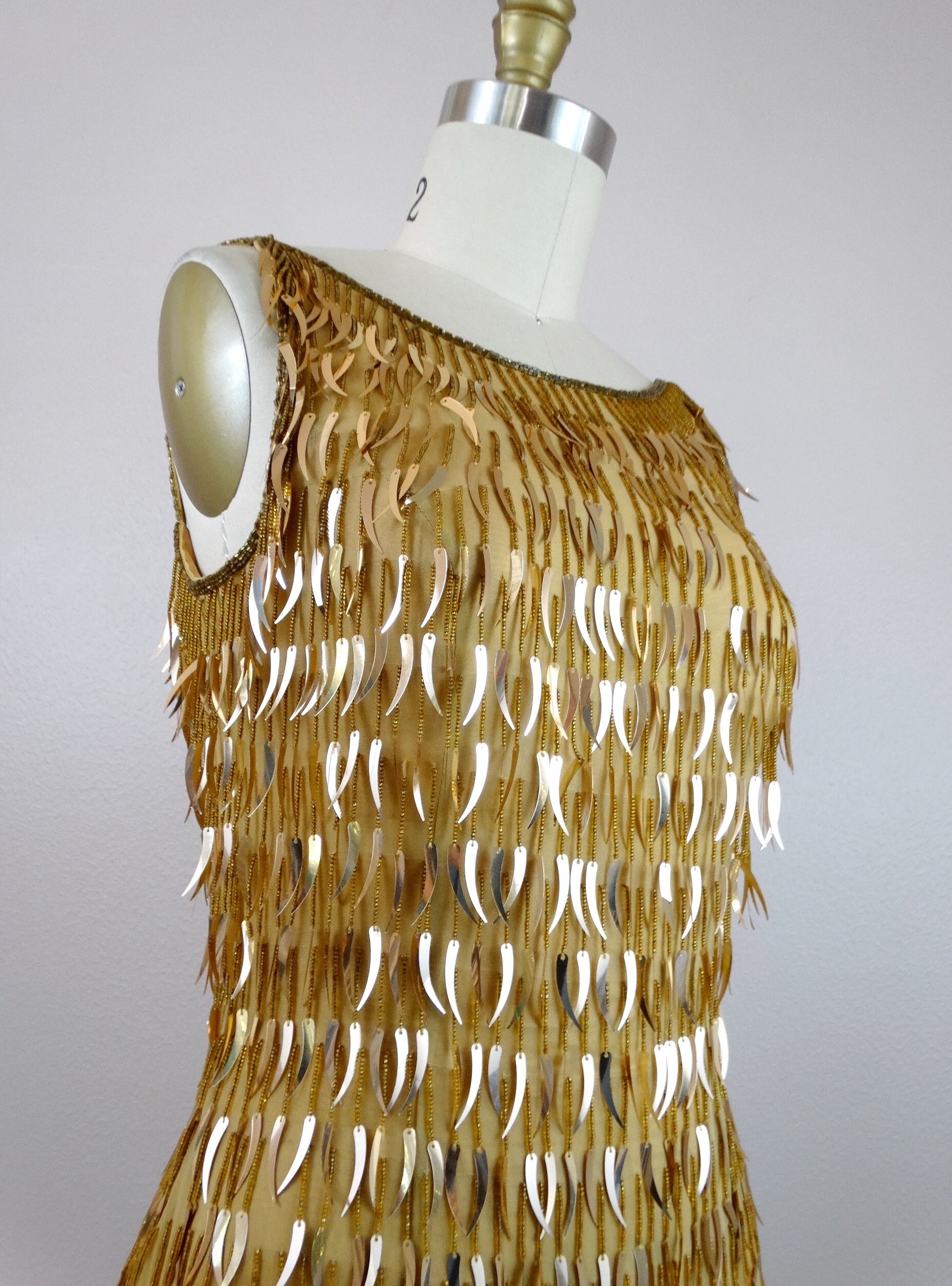 Flashy Fringe Mini Dress / Gold Cocktail Mini Dress / Tassel Beaded Wiggle Dress / Cattail Sequin Mini