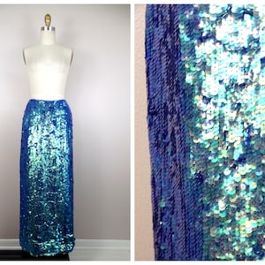 Iridescent Sequin Maxi Skirt / Purple Blue Green Color-Changing Chameleon Mermaid Sequined Embellished Skirt