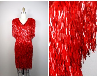 S/M Cattail Fringe Sequin Cocktail Party Dress / VTG Beaded Sequined Tassel Dress Small Medium