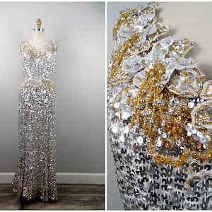 50s 60s Silver & Gold Beaded Gown / Heavy Sequin Dress / Gatsby Flapper Gown