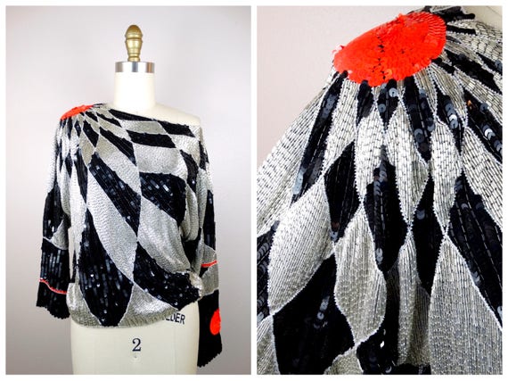 HEAVY Beaded Dolman Sleeve Top / NEON Sequined Co… - image 1