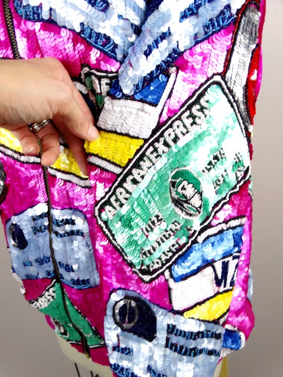 RARE Credit Card Sequin Jacket / Novelty Hot Pink… - image 6