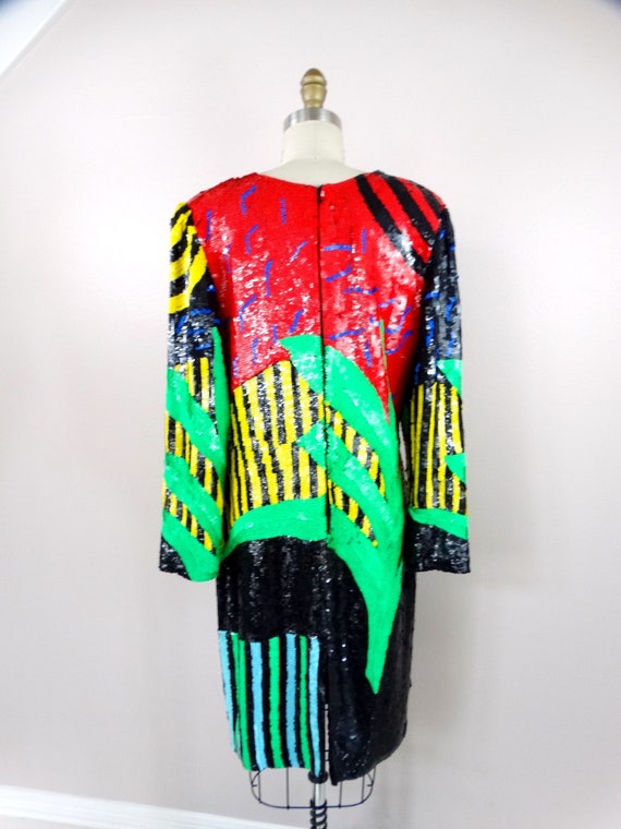 EXOTIC Abstract Sequined Dress / Bright Neon Palm… - image 8