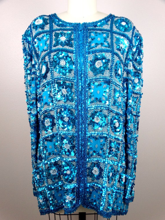 L/XL Fully Sequined Hand Beaded Jacket // Bright … - image 2