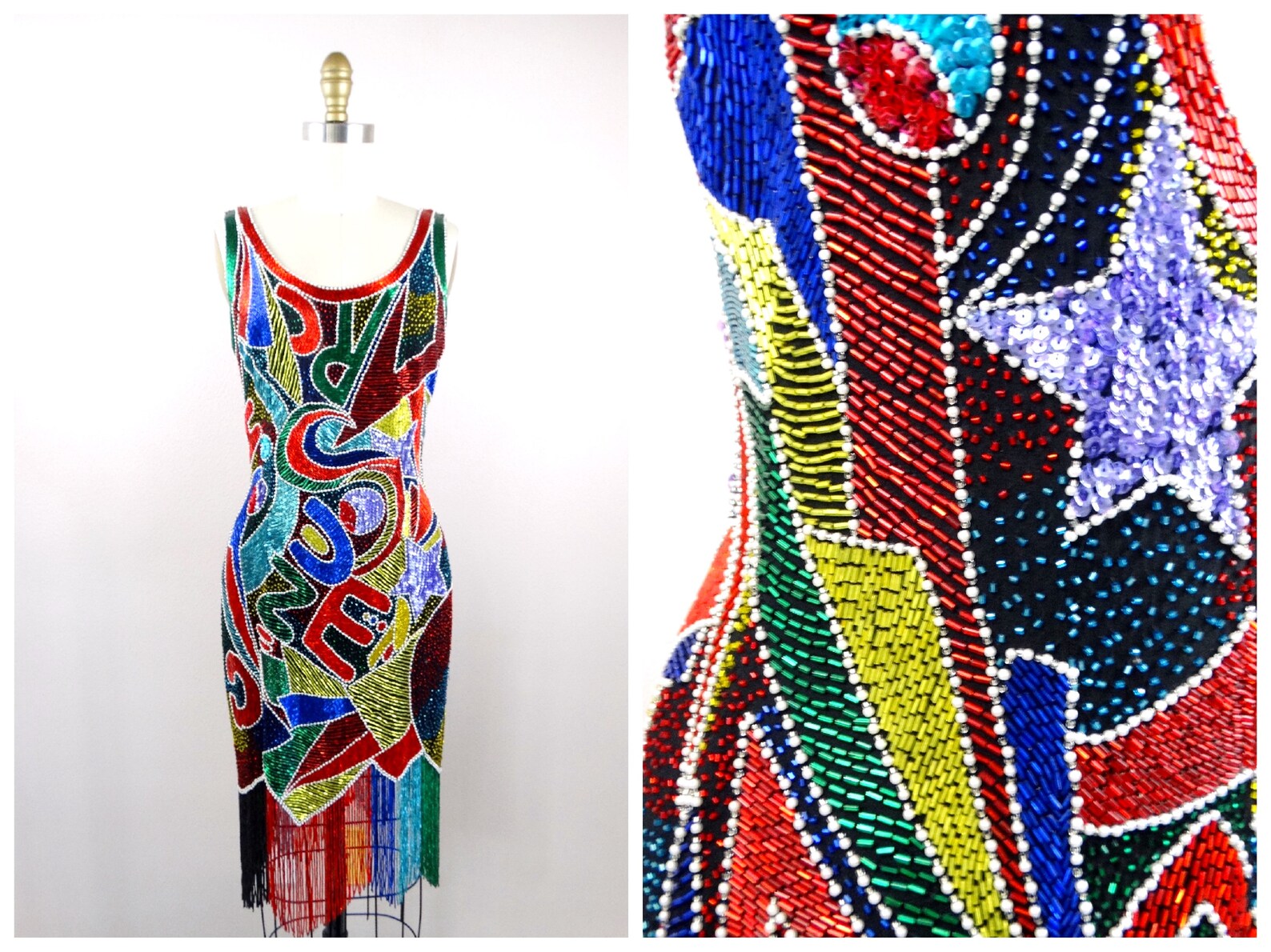 Hand Beaded Fringe Dress // Heavily Beaded Sequined Colorful - Etsy