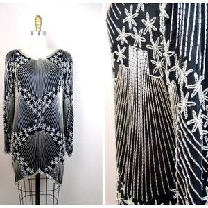 70s 80s Glass Beaded Micro Mini Dress / Black Silk Silver Bead Embellished Short Dress / Long Sleeve Mini Dress w/ Beading
