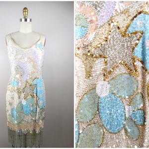 RARE Beaded Fringe Silk Dress // Pink Starfish Floral Pearl Mini Dress // Pastel Sequin Embellished Dress