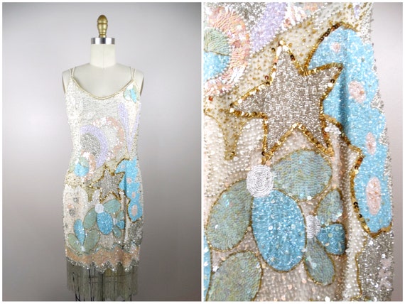 Vintage Beaded Sequin Mini Dress, Starfish Floral, Fringed Hem