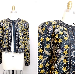ASTROLOGY Beaded Sequined Jacket // Black & Gold Novelty Jacket // Retro Moon and Stars Glam Jacket by Jeanette Kastenberg for St. Martin