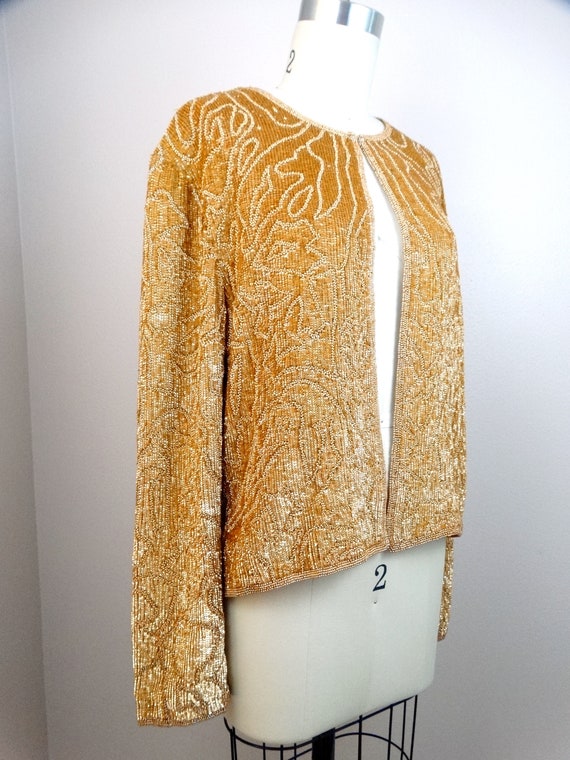 L/XL Metallic Gold Sequin Jacket // Matte Bronze … - image 2