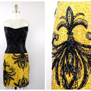 Bob Mackie Beaded Dress • Hand Embellished Black and Yellow Gold Beaded Strapless Mini Dress • Braxae Vintage Co.