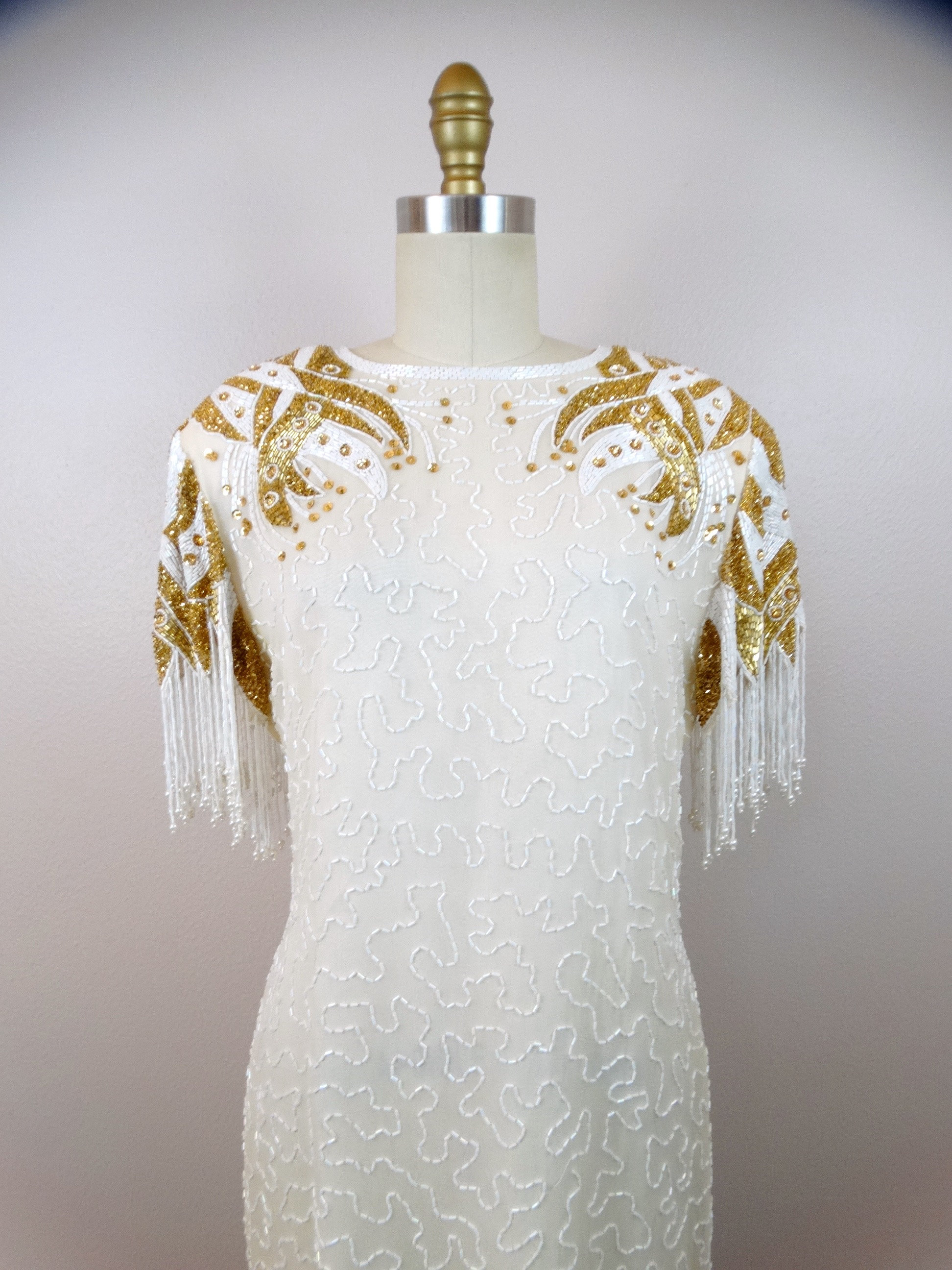 Gold Beaded Pearl Fringe Embellished White Dress / Fringed Sleeves Sequined Trophy Dress