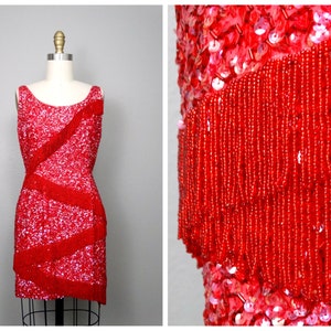 50s 60s Fringe Beaded Mini Dress / Vintage Heavily Beaded Sequined Dress / 1950s 1960s Wiggle Dress / Red Mini Dress image 1