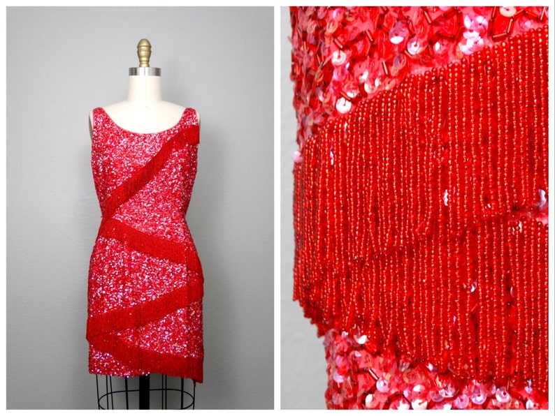 50s 60s Fringe Beaded Mini Dress / Vintage Heavily Beaded Sequined Dress / 1950s 1960s Wiggle Dress / Red Mini Dress image 1