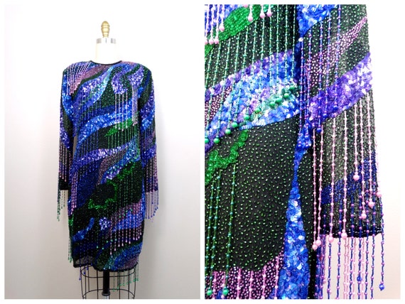 RARE All Beaded Fringe Dress // Vintage Purple Bl… - image 3