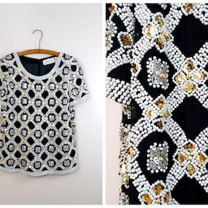 S/M Pearl Beaded Black and White Top / Lattice Diamond Design Gold Sequin Top