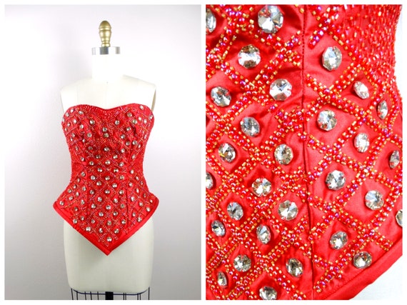 Rhinestone Jewel Beaded Corset Top // Red Glass Beaded Bustier // Vintage  All Bead Embellished Strapless Top -  Canada
