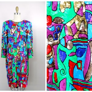 80s 90s Bright Sequin Dress / Vintage Hand Beaded Dress / Neon Colorful RARE Sequined Dress L Large