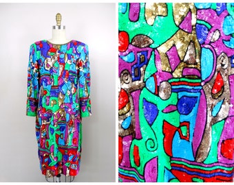 Vestido de lentejuelas brillantes de los años 80 y 90 / Vestido vintage con cuentas a mano / Vestido raro de colores neón L grande
