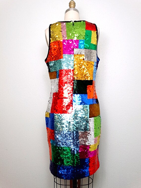 S/M Retro Color Block Beaded Dress / Rainbow Sequ… - image 4