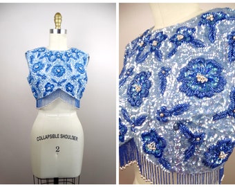 60s Fringe Perlen Pailletten Crop Top // Perlblaues irisierendes Midi Top mit Pailletten