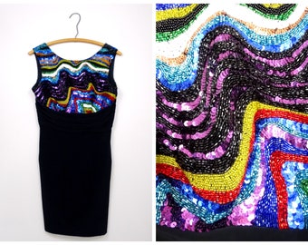 80s 90s Beaded Sequin Cocktail Mini Dress / Retro Sequined Party Dress S/M