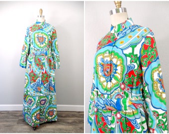 60s Retro Quilted Maxi Dress // 1960's Baroque Bright Blue and Green Hostess Gown w/ Pockets