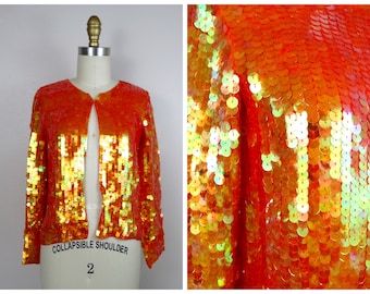 Iridescent Sequin Cardigan // Color Changing Mermaid Orange Yellow Sequined Embellished Bolero Jacket Small