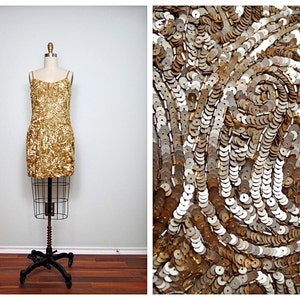 HEAVY Gold Beaded Sequined Mini Dress // Golden Swirly Art Deco Embellished Dress
