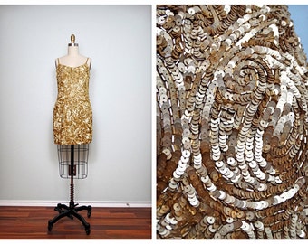 GLAM Gold Beaded Sequined Mini Dress // Golden Swirly Art Deco Embellished Dress