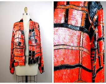 Fluorescent Sequin Jacket / Bright Neon Orange Sequined Moto Bomber Jacket w/ Zipper XL