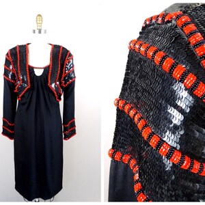 S/M Micro Beaded Couture Little Black Dress w/ Bolero // 1990s Sequin Embellished Dress // Red and Black Sequined Cocktail Ensemble