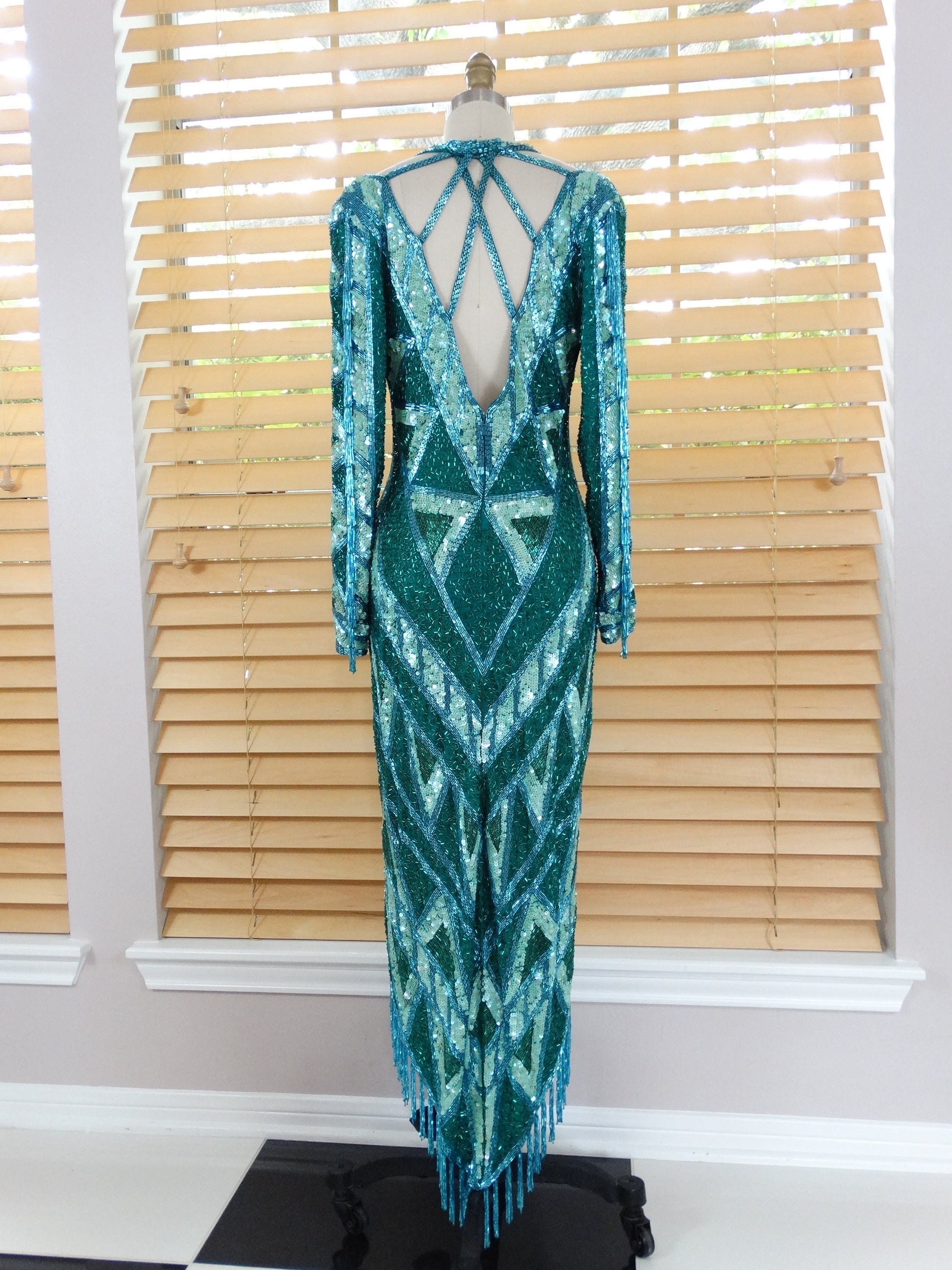 bob mackie beaded dress Bob Mackie Gold & Black Deco Inspired Beaded Dress 1980S