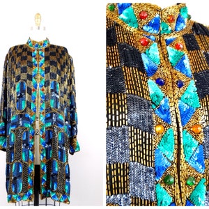 HEAVY Gold Beaded Long Jacket / 80s Checkered Turquoise Green and Teal Blue Sequin Embellished Vintage Duster Overcoat