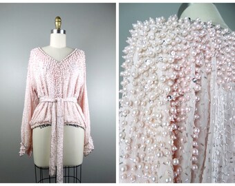 Hand Beaded Pearl Top // Vintage Pink Pearl Silk Beaded Blouse