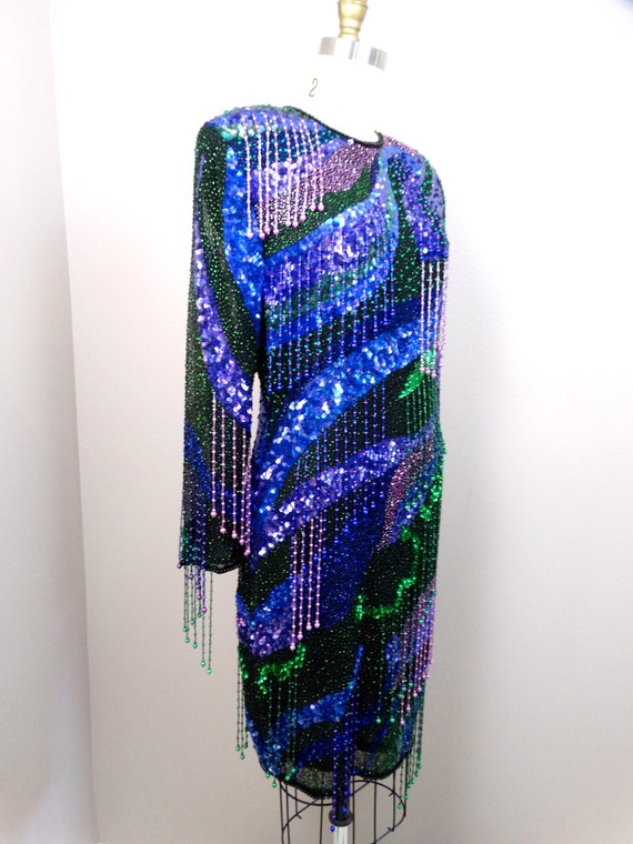 RARE All Beaded Fringe Dress // Vintage Purple Bl… - image 5