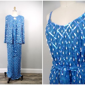 Pearl Fringe Beaded Vintage Sequined Gown / Deep Blue Sequin Embellished Full Length Dress