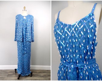 Pearl Fringe Beaded Vintage Sequined Gown / Deep Blue Sequin Embellished Full Length Dress