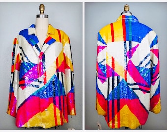 Chaqueta glamurosa con lentejuelas de los años 80 y 90 / Blazer retro con lentejuelas neón y detalles en bloques de color de los años 90