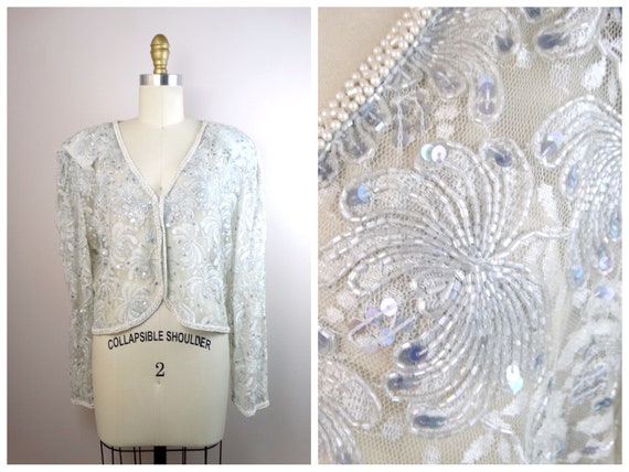 L/XL Sheer Sequined Lace Cardigan / Light Blue Gr… - image 6