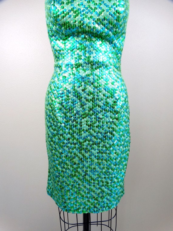 Neon Mermaid Sequin Party Dress // Iridescent Gre… - image 3