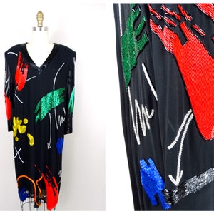 90s Abstract Art Beaded Silk Dress // Hand Embellished Cocktail Dress // Vintage Handmade Party Dress image 1