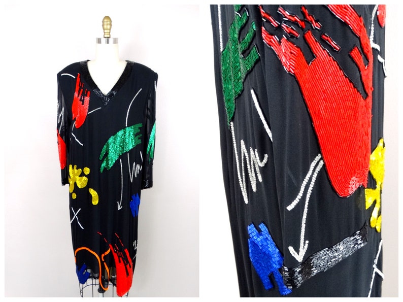 90s Abstract Art Beaded Silk Dress // Hand Embellished Cocktail Dress // Vintage Handmade Party Dress image 1